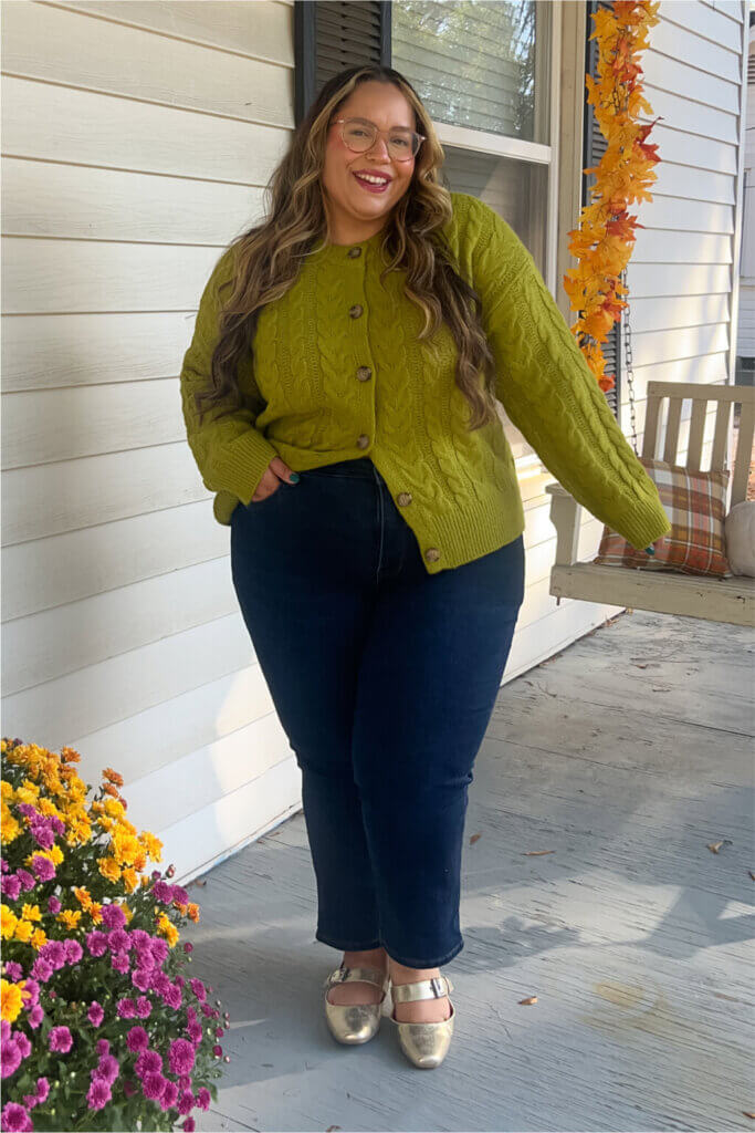Green Cable Knit Cardigan with Blue Jeans for Autumn Comfort — Curvy Outfits
