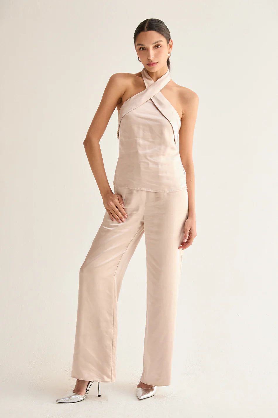 Pale Pink Satin Set with Halter Neck Top and Wide-Leg Pants — Party Outfits