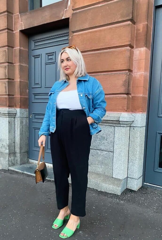 Denim Jacket and Straight-Leg Trousers with Bold Mules — Midsize Outfits