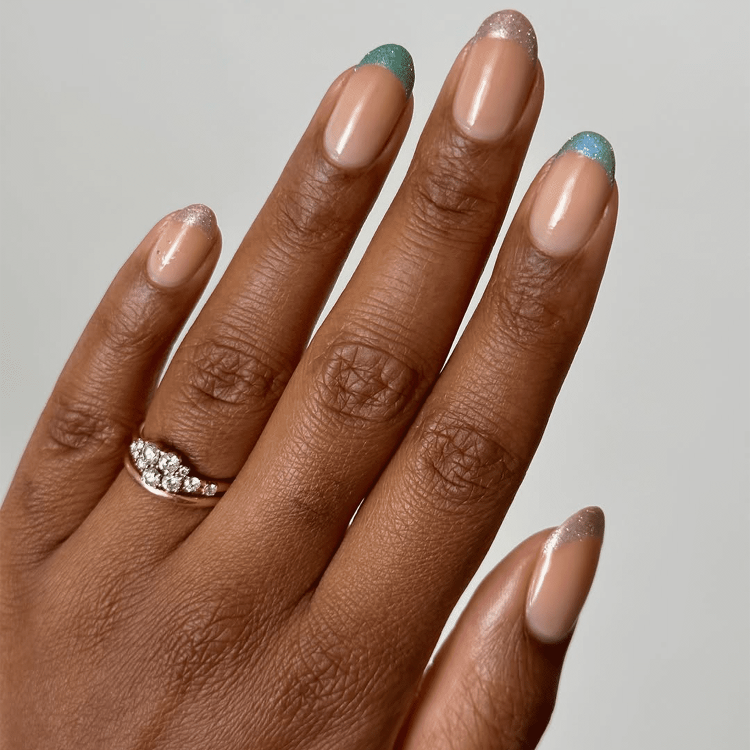 Teal and Silver Glitter Gradient Tips Teal and Silver Glitter Gradient Tips — Short French Tip Nails