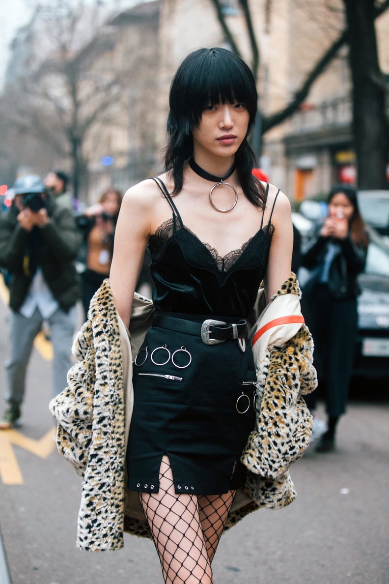 Leopard Print Coat Over Lace Camisole and Mini Skirt — Goth Outfits