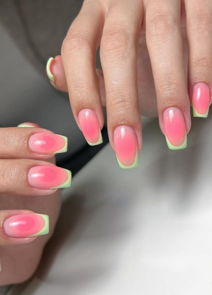 Pink Neon Green French Tip Gradient Squares — Aura Nails