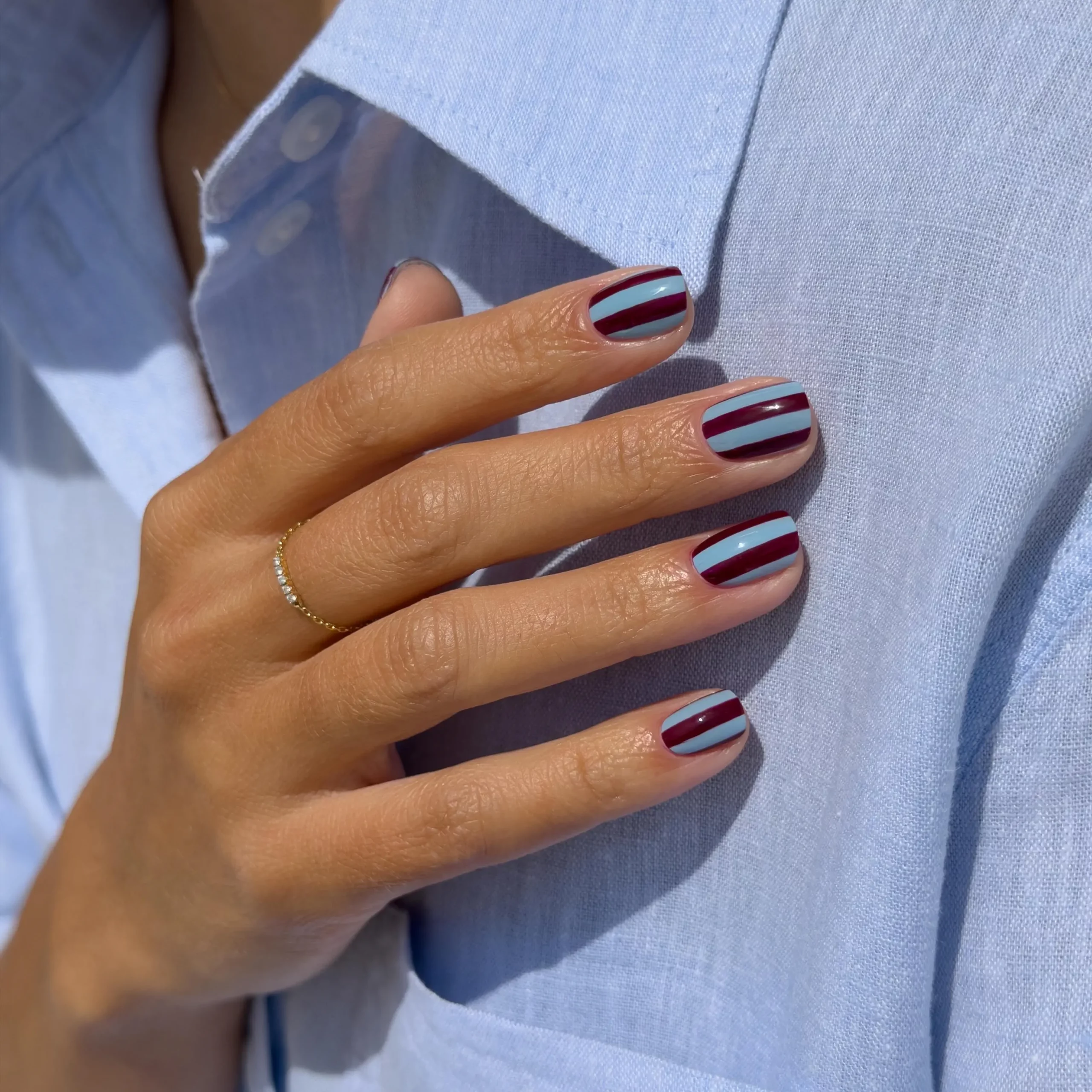 Bold Burgundy and Light Blue Stripes — Classy Short Nails