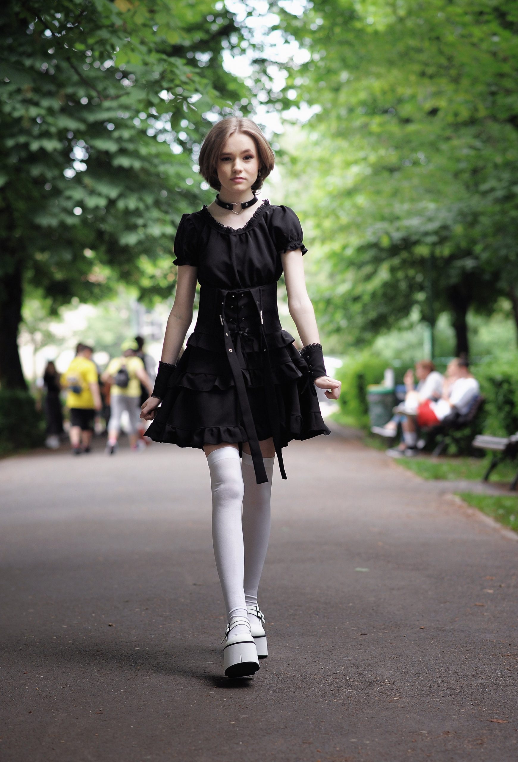 Lace Trimmed Dress with White Thigh-High Socks — Goth Outfits