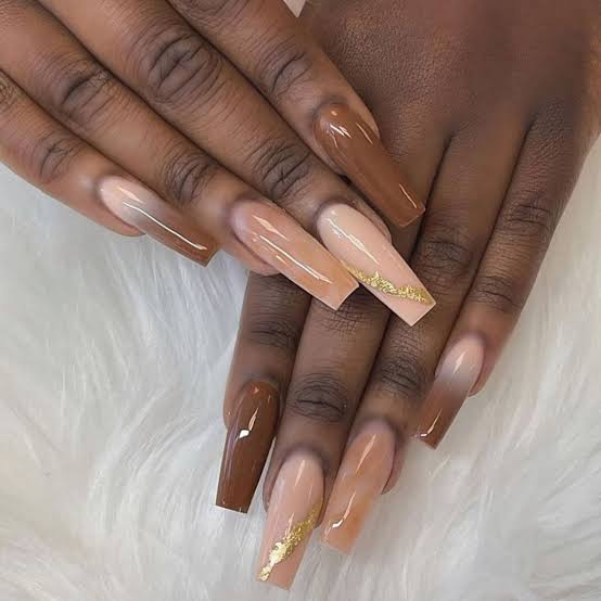 Nude to Brown Ombre Coffin With Gold Foil Nude to Brown Ombre Coffin With Gold Foil — Nails for Brown Skin