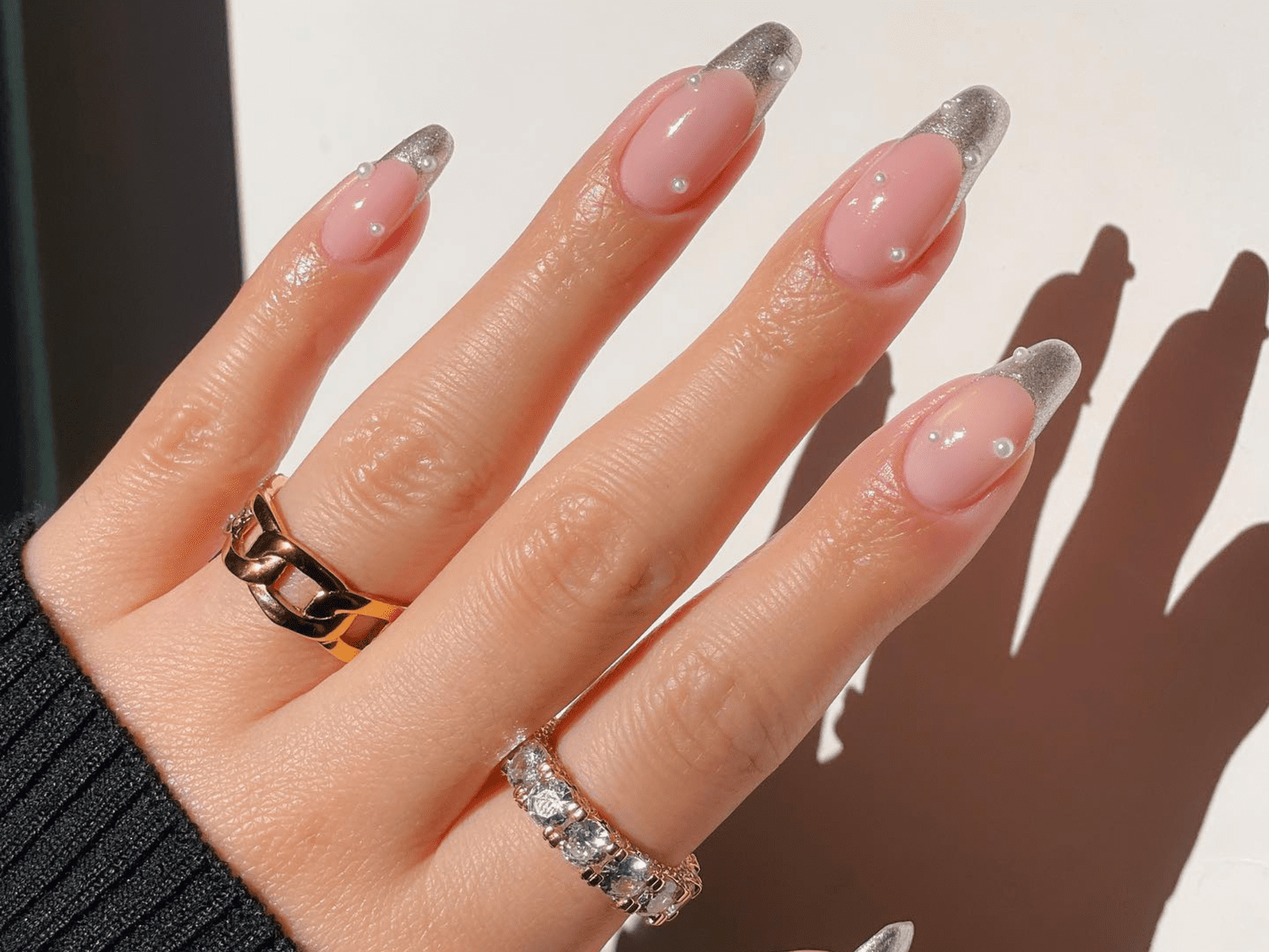 Metallic Silver French Tips with Pearls — Prom Nails