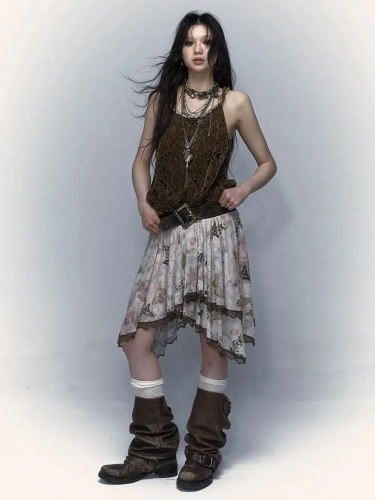 Floral Skirt with Lace Camisole and Distressed Boots — Grunge Outfits