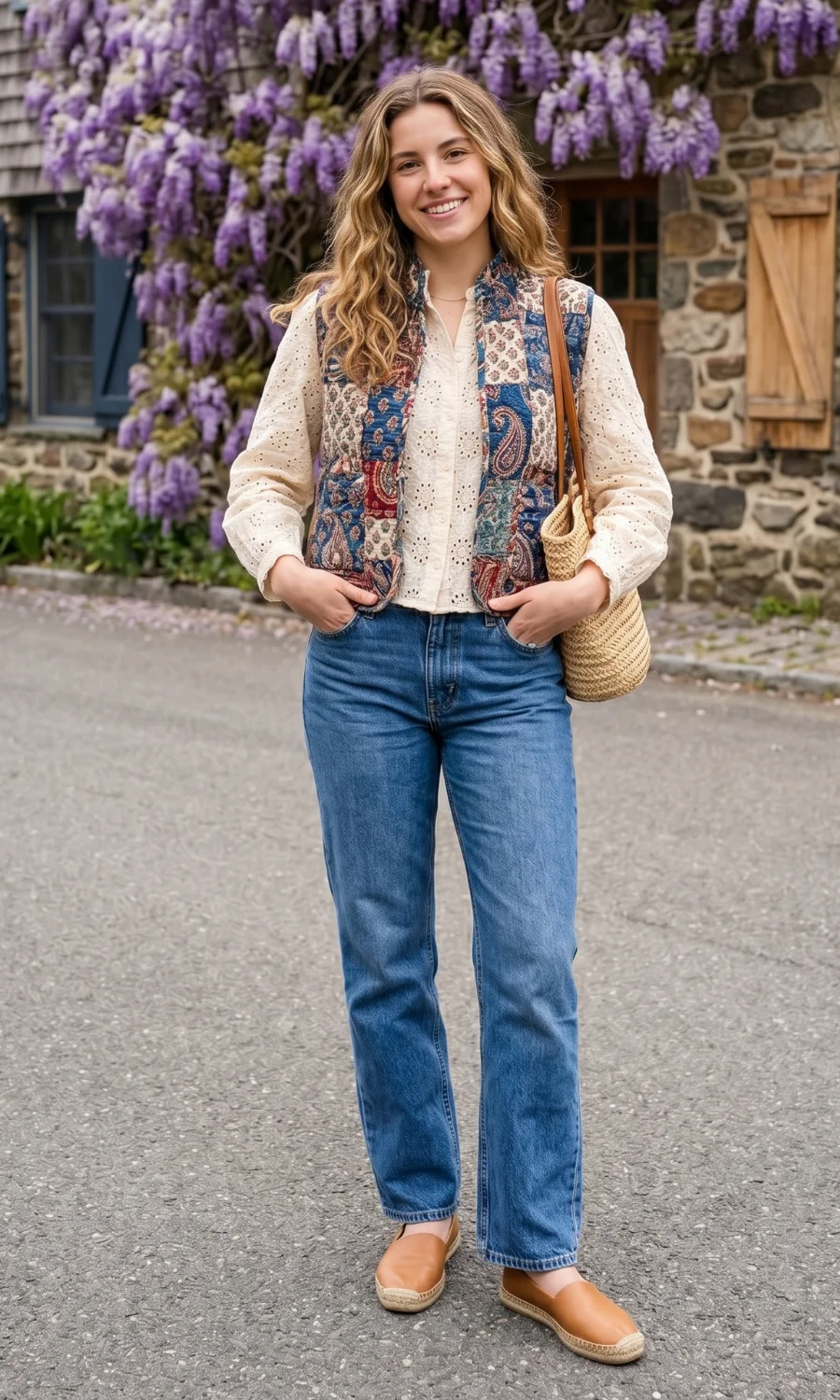 Embroidered Vest Over Eyelet Shirt and Jeans for Casual Travel Embroidered Vest Over Eyelet Shirt and Jeans for Casual Travel — Europe Outfits