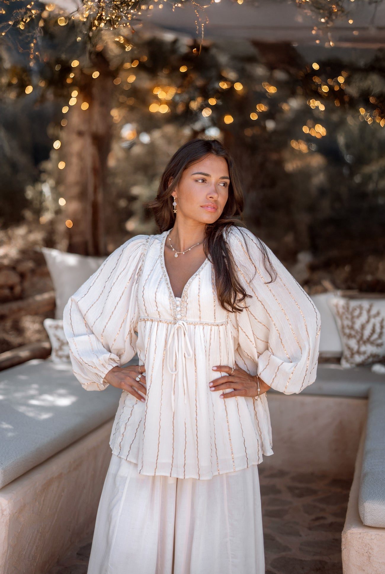 Bohemian White Tunic Top with Metallic Threads for Day-to-Night Style — Ibiza Outfits
