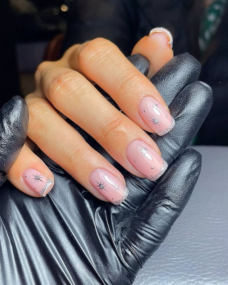 Winter Silver Star Glitter French Tips — Glitter French Tip Nails