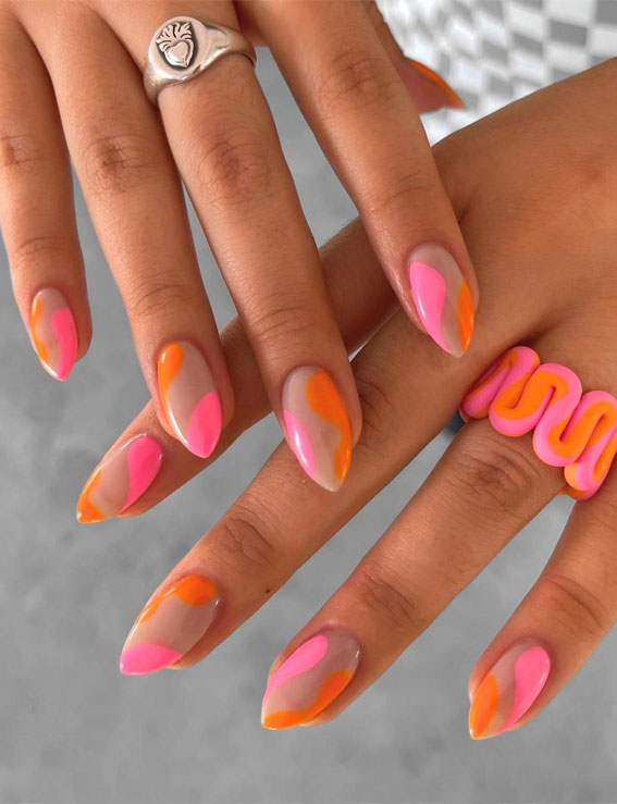 Vibrant Abstract Waves on Almond Vibrant Abstract Waves on Almond — Negative Space Nails