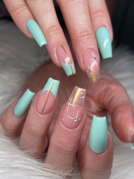 Mint Green Gold Accent Square Nails — Gel X Nails