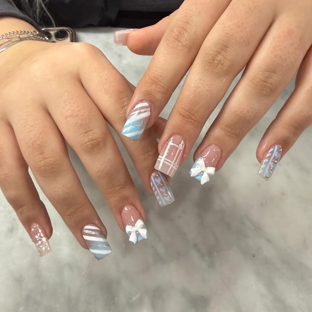 Playful 3D White Bow Plaid Nails Playful 3D White Bow Plaid Nails — Bow Nails
