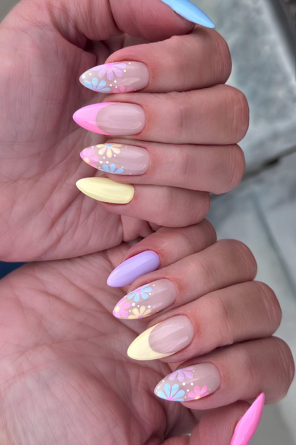 Long Almond Pastel French Tips with Florals — Pastel Nails