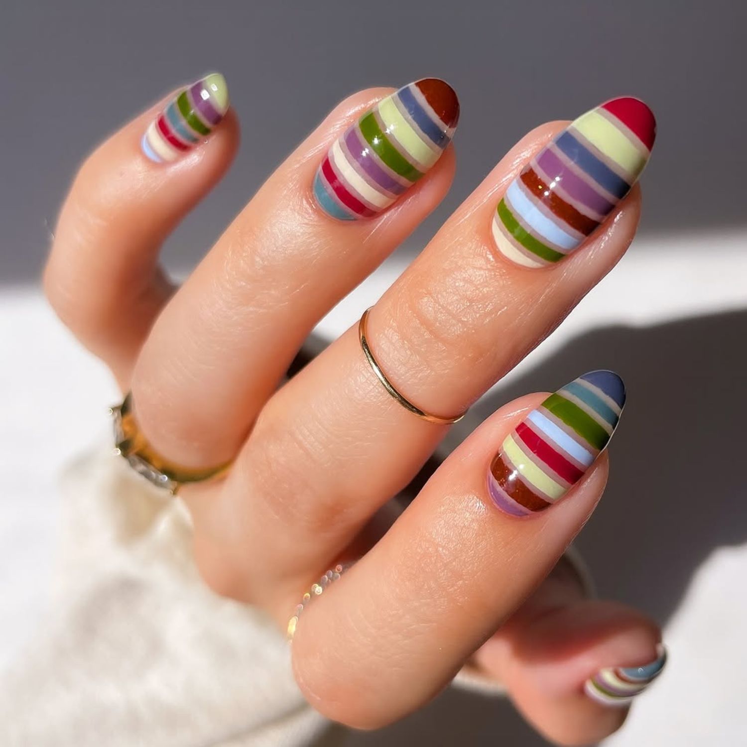 Striped Pastel and Earthy Almond Nails — Nail Designs