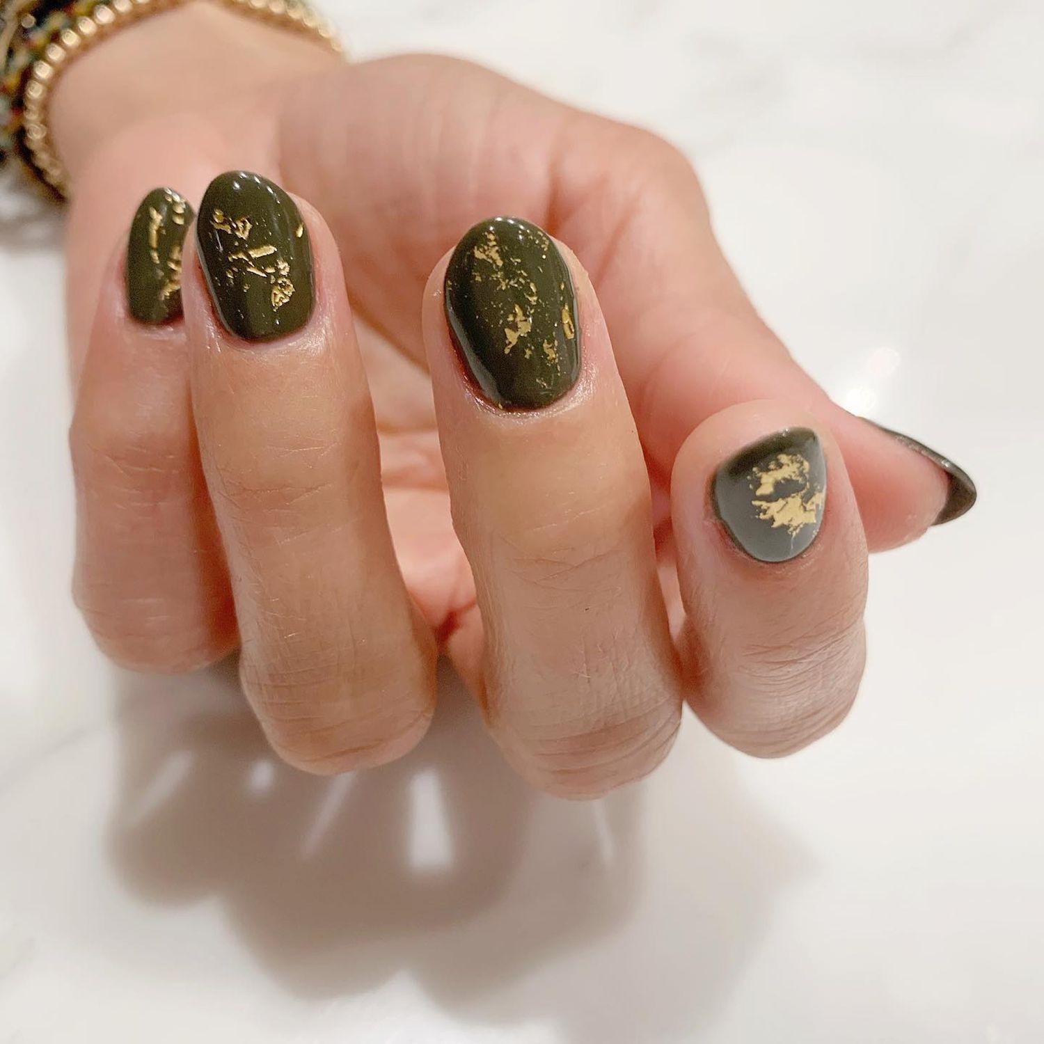 Short Oval Dark Olive with Gold Leaf — Olive Green Nails