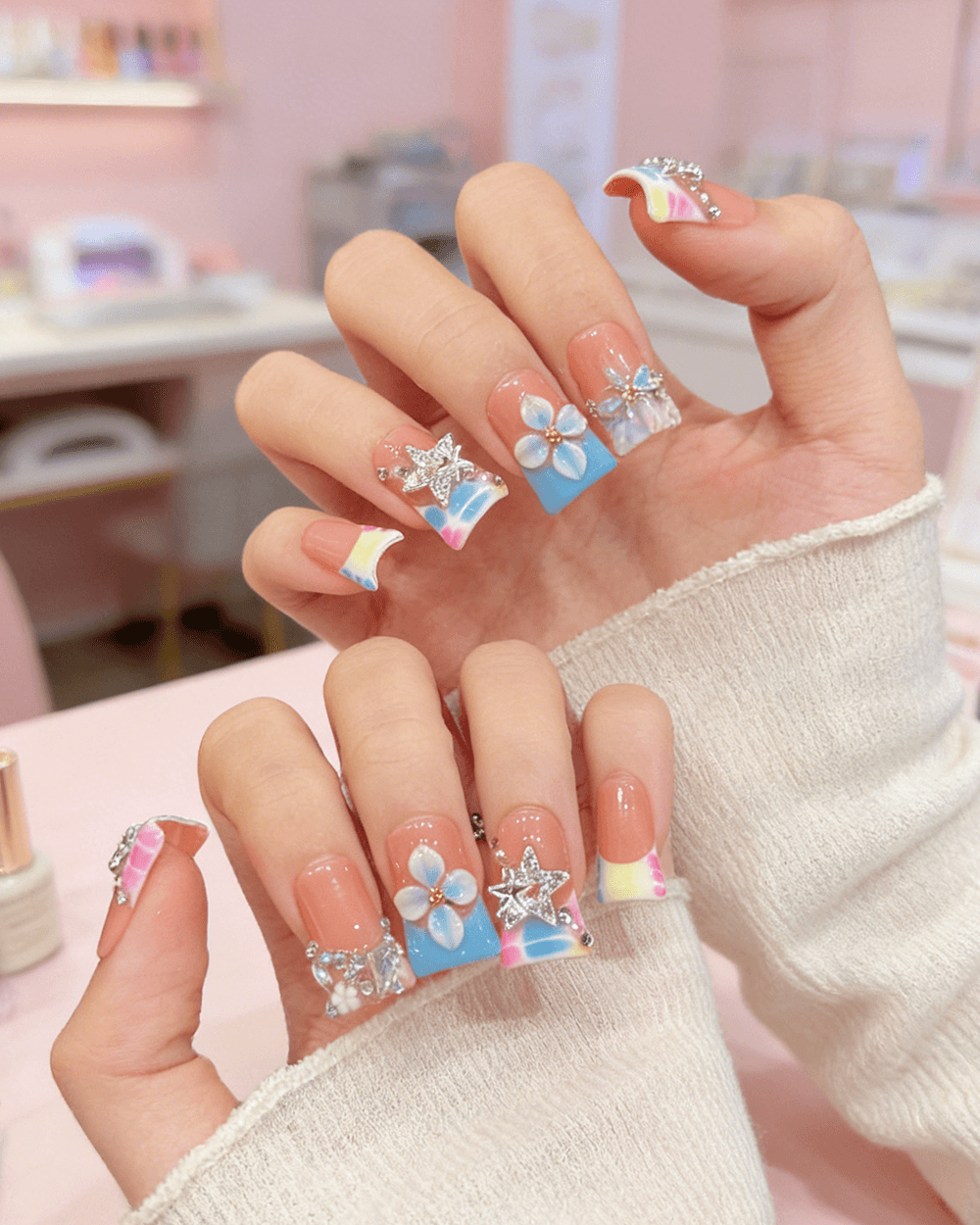 Pink French with Stars and Rhinestones Pink French with Stars and Rhinestones — Duck Nails