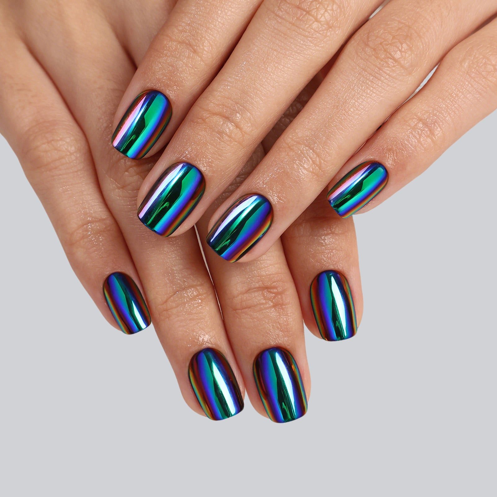 Iridescent Chrome Nails — Short Square Nails