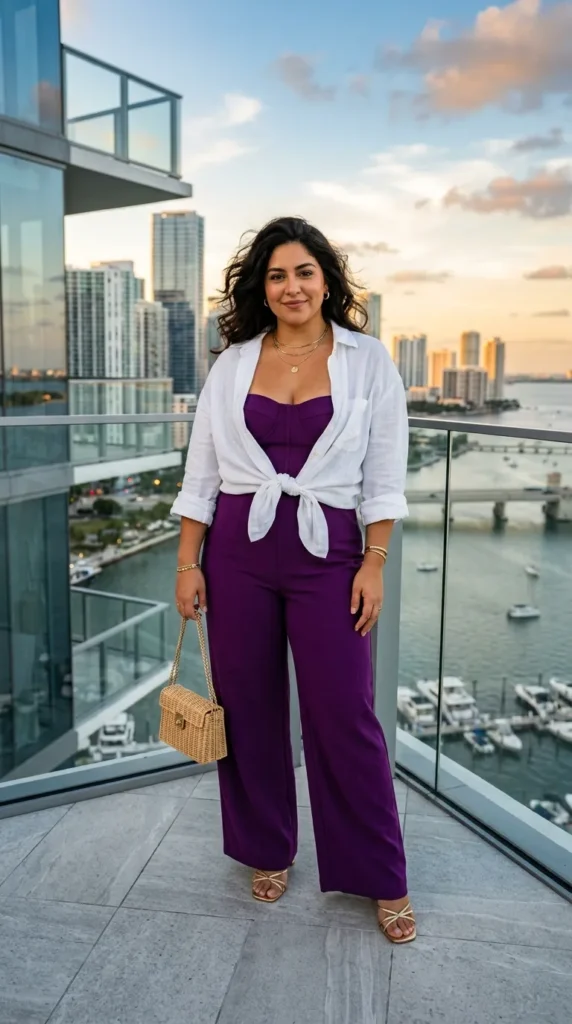 Vibrant Purple Jumpsuit with Tied White Shirt Vibrant Purple Jumpsuit with Tied White Shirt — Miami Outfits