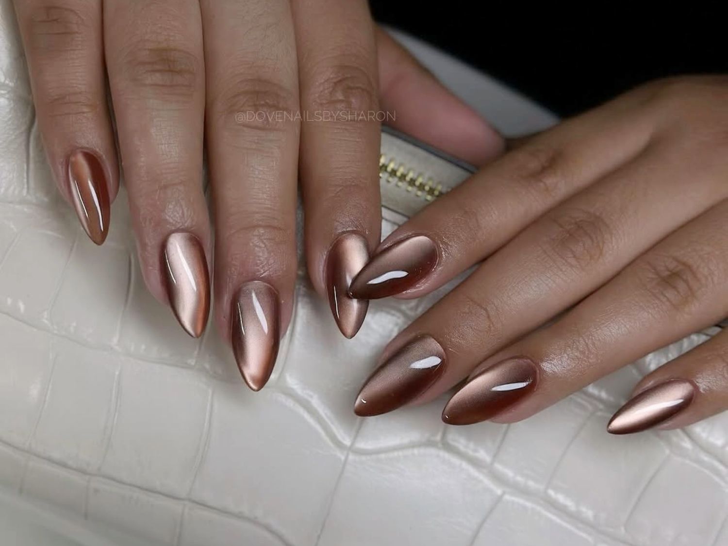 Shimmering Bronze Stiletto Cat Eye Nails Shimmering Bronze Stiletto Cat Eye Nails