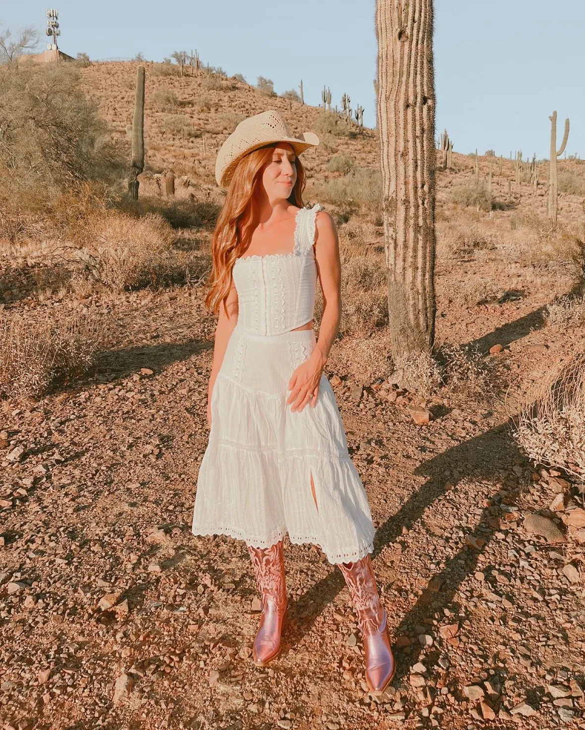 White Eyelet Set with Pink Metallic Cowboy Boots — Coastal Cowgirl Outfits