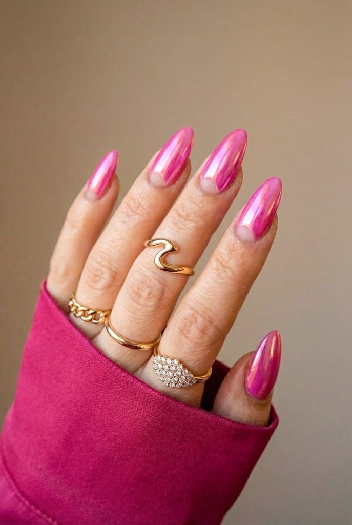 Bright Pink Half-Moon Chrome Almond Bright Pink Half-Moon Chrome Almond — Pink Chrome Nails