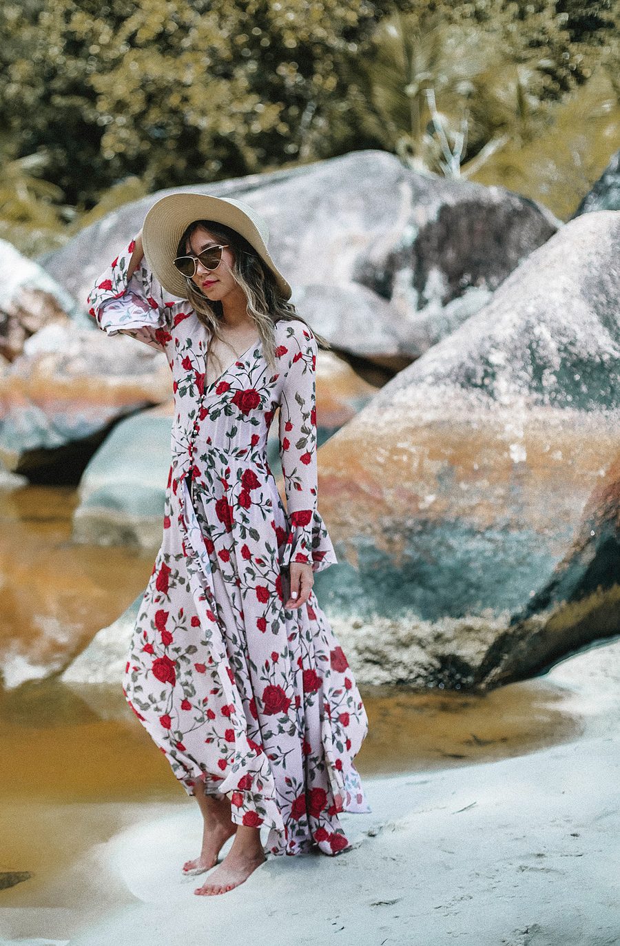 Vacation Vibes: Floral Print Maxi Dress with Straw Hat Vacation Vibes: Floral Print Maxi Dress with Straw Hat — Honeymoon Outfits