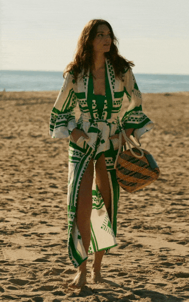 Printed Kimono Over Bikini with Woven Bag — Beach Outfits