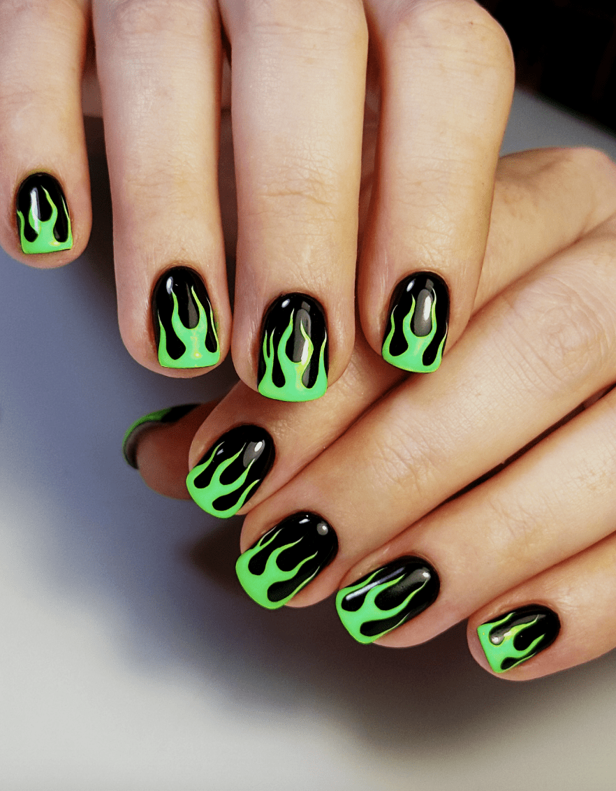 Neon Green Flames On Black Base Visual Idea — Neon Nails