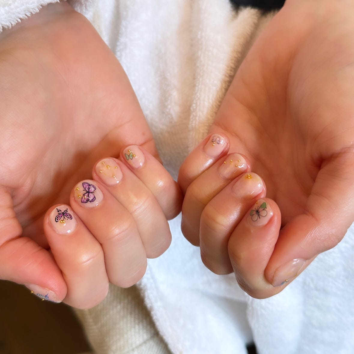 Sheer Pink With Butterfly Decals — Very Short Nails