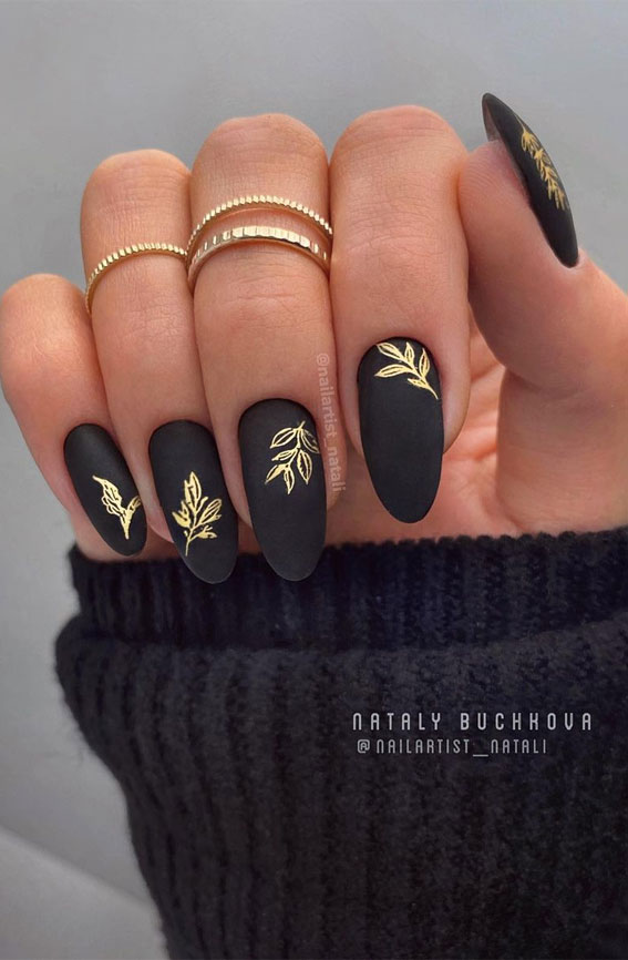 Matte Black with Delicate Gold Leaf Motifs — Black and Gold Nails