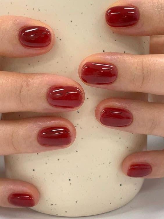 Deep Red Jelly Short Oval Nails — Jelly Nails