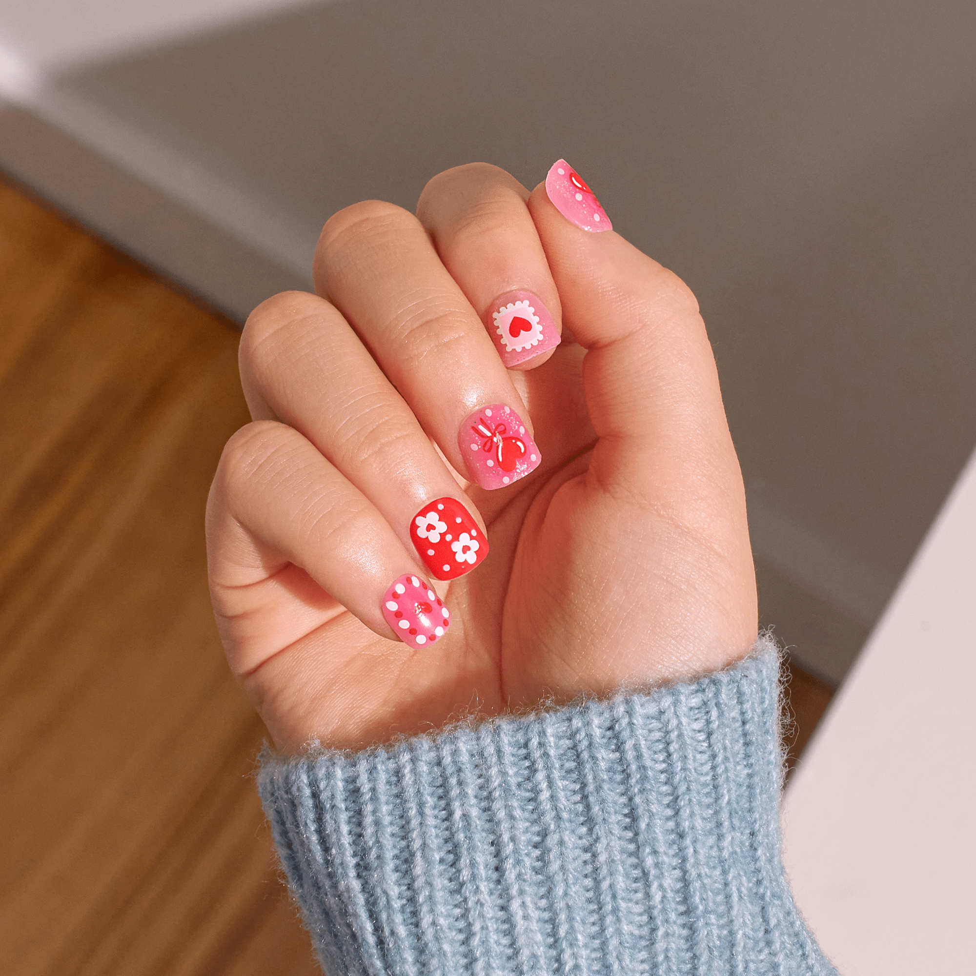 Pink Base with Hearts and Flowers — Nails for Kids