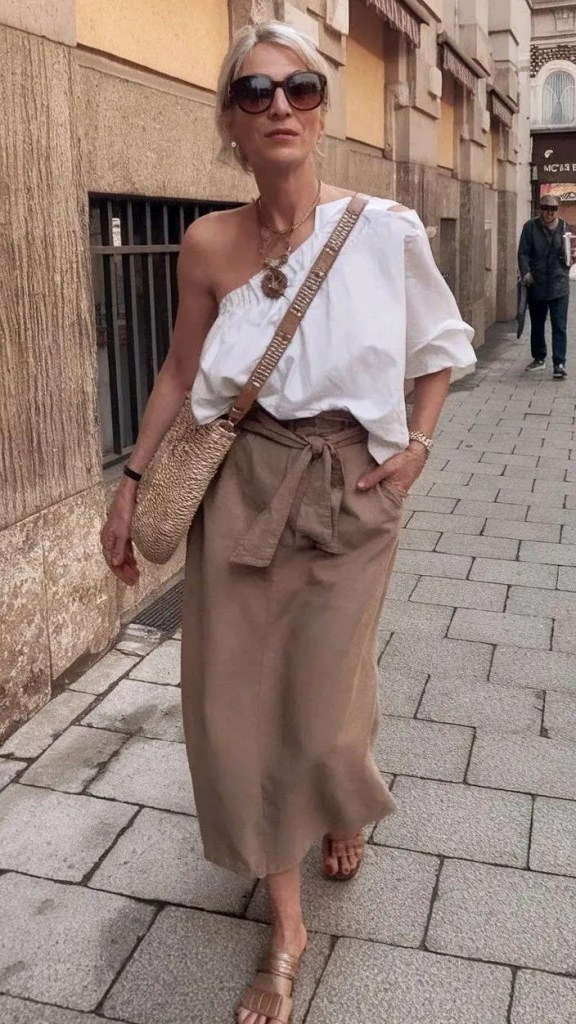 One-Shoulder Top and Linen Skirt for City Stroll One-Shoulder Top and Linen Skirt for City Stroll — Outfits for Women Over 50