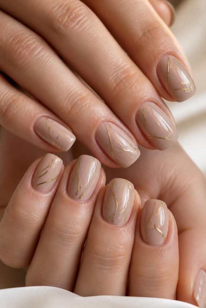 Minimalist Gold Lines Beige — Short Acrylic Nails