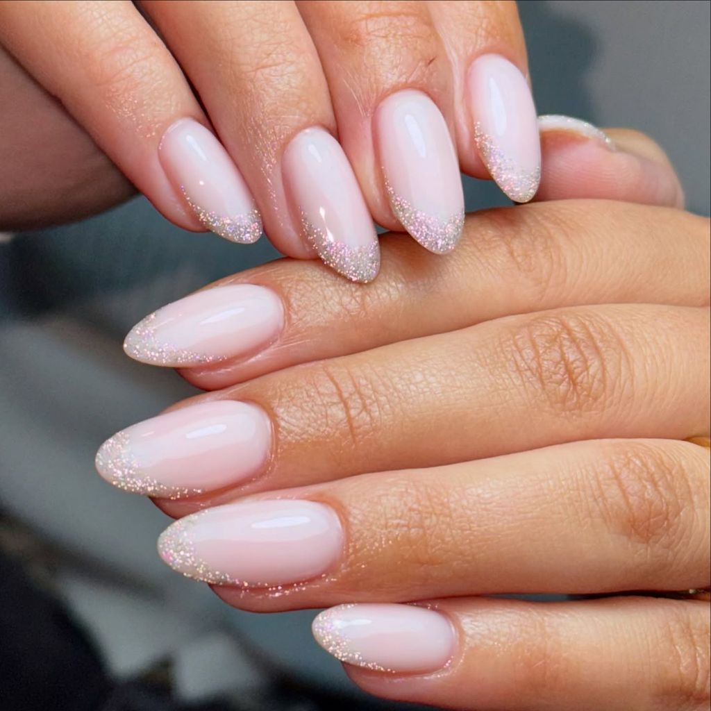 Sheer Pink French with Silver Glitter Smile Line Sheer Pink French with Silver Glitter Smile Line — Engagement Nails