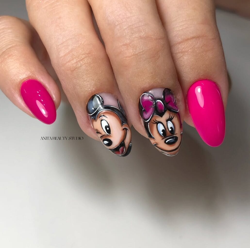 Mickey Minnie Realistic Portraits Almond — Disney Nails