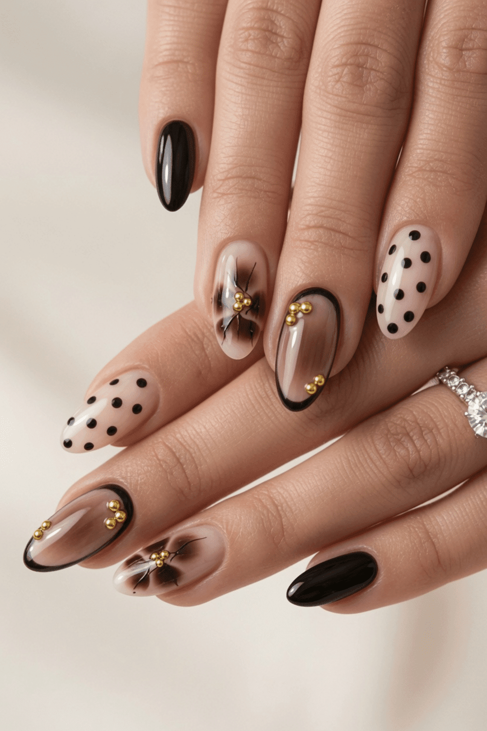 Black Nude Polka Dot Gradient Floral Nails Black Nude Polka Dot Gradient Floral Nails — Blooming Gel Nails