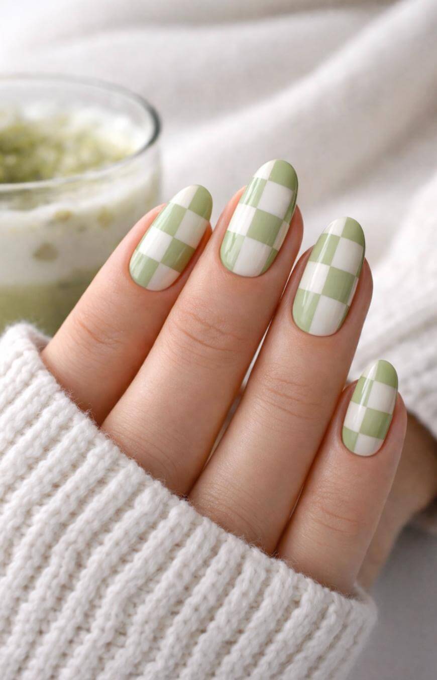 Gingham Check Pattern On All Nails Visual Idea — Green Nails