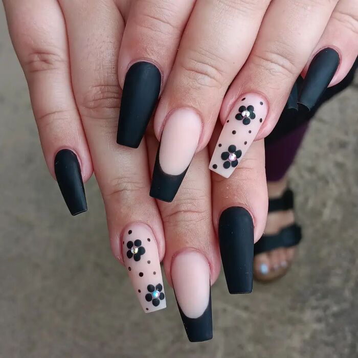 Matte Black French Tips Floral Decals — Matte Nails