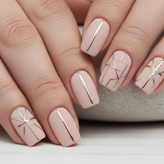 Matte Pale Pink Geometric Silver — Nails for Women Over 40