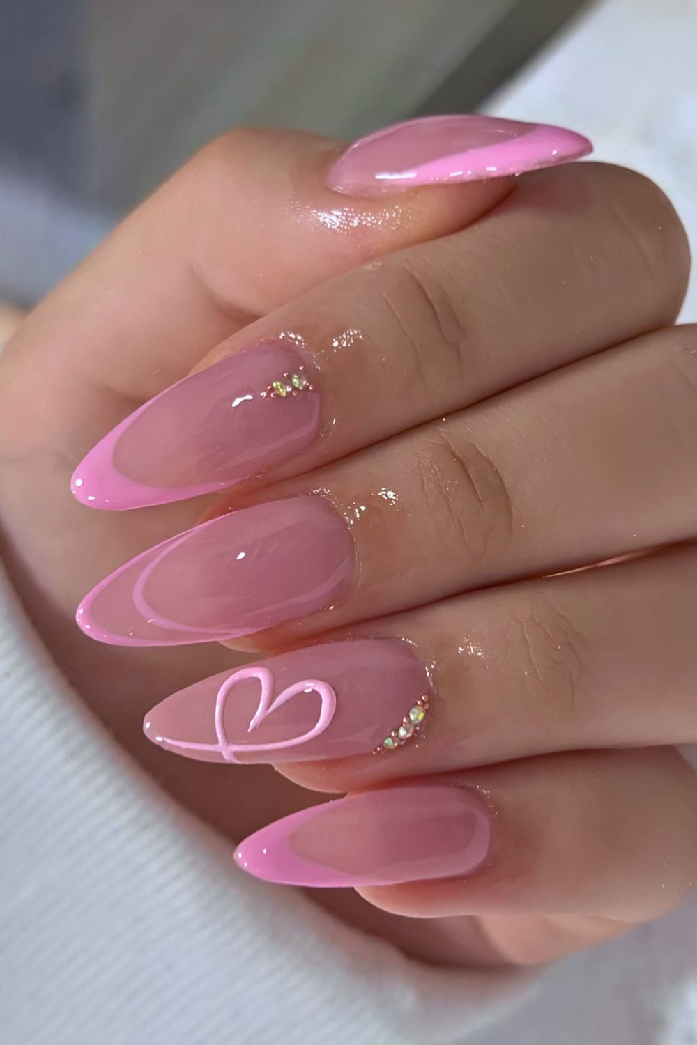 Glossy Sheer Pink French Tips with Rhinestones — Pink Nails