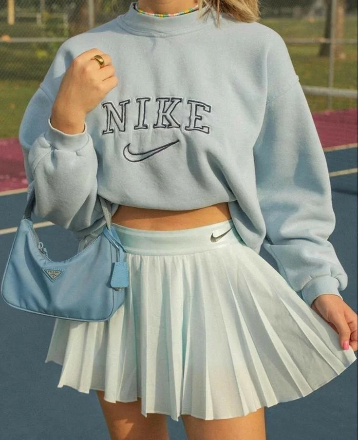 Light Blue Crewneck Sweatshirt with Pleated Mini Skirt and Sneakers Light Blue Crewneck Sweatshirt with Pleated Mini Skirt and Sneakers — Preppy Outfits