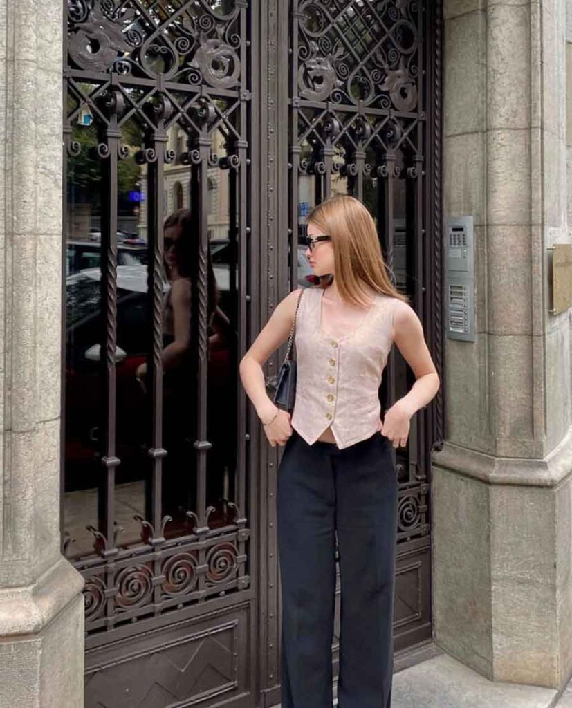 Pale Pink Sleeveless Vest with Black Wide-Leg Trousers — Light Academia Outfits