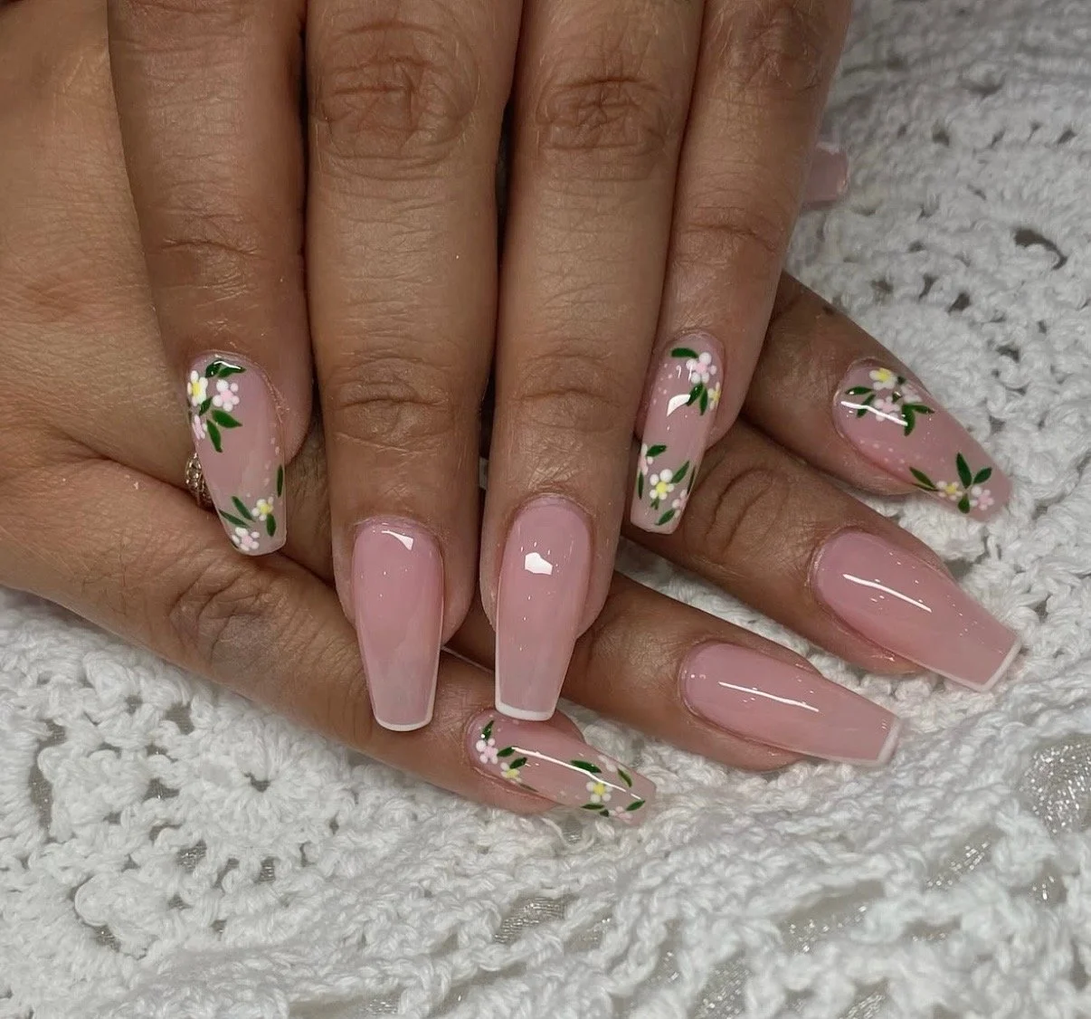 Milky Pink Floral Garden Coffin Nails — Gel X Nails