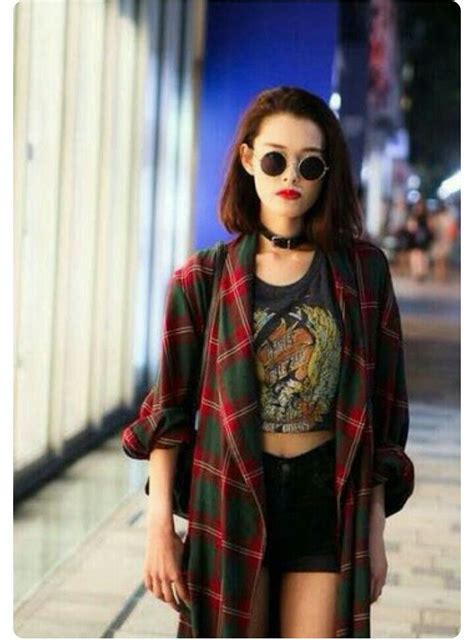 Plaid Duster Coat Over Graphic Tee and Shorts — Grunge Outfits