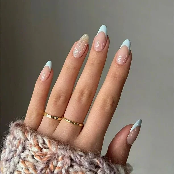 Light Blue French Tip Almond Nails — Nail Shapes