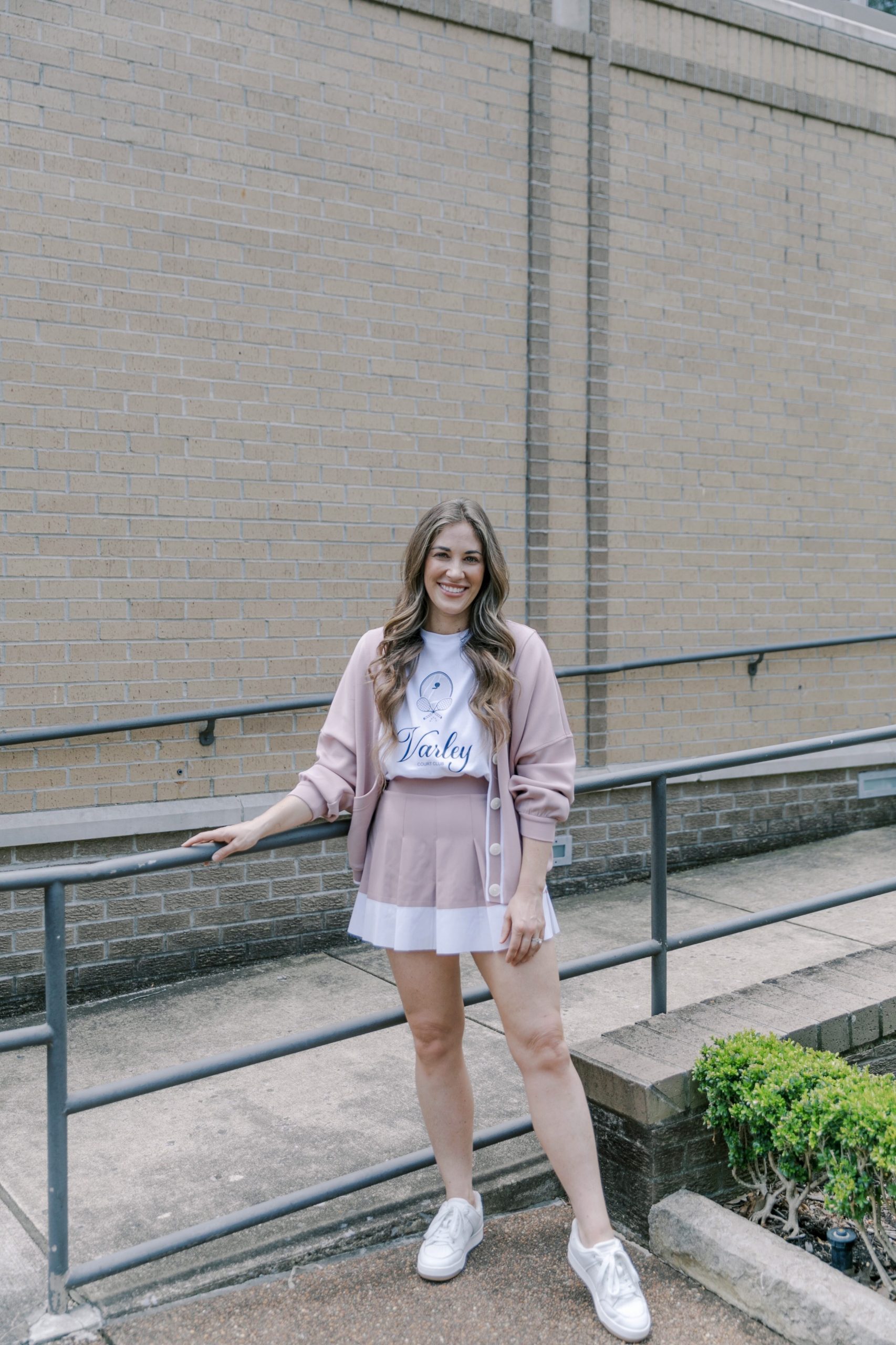 Playful Pink Cardigan and Skirt Set with Sneakers — Soccer Mom Outfits