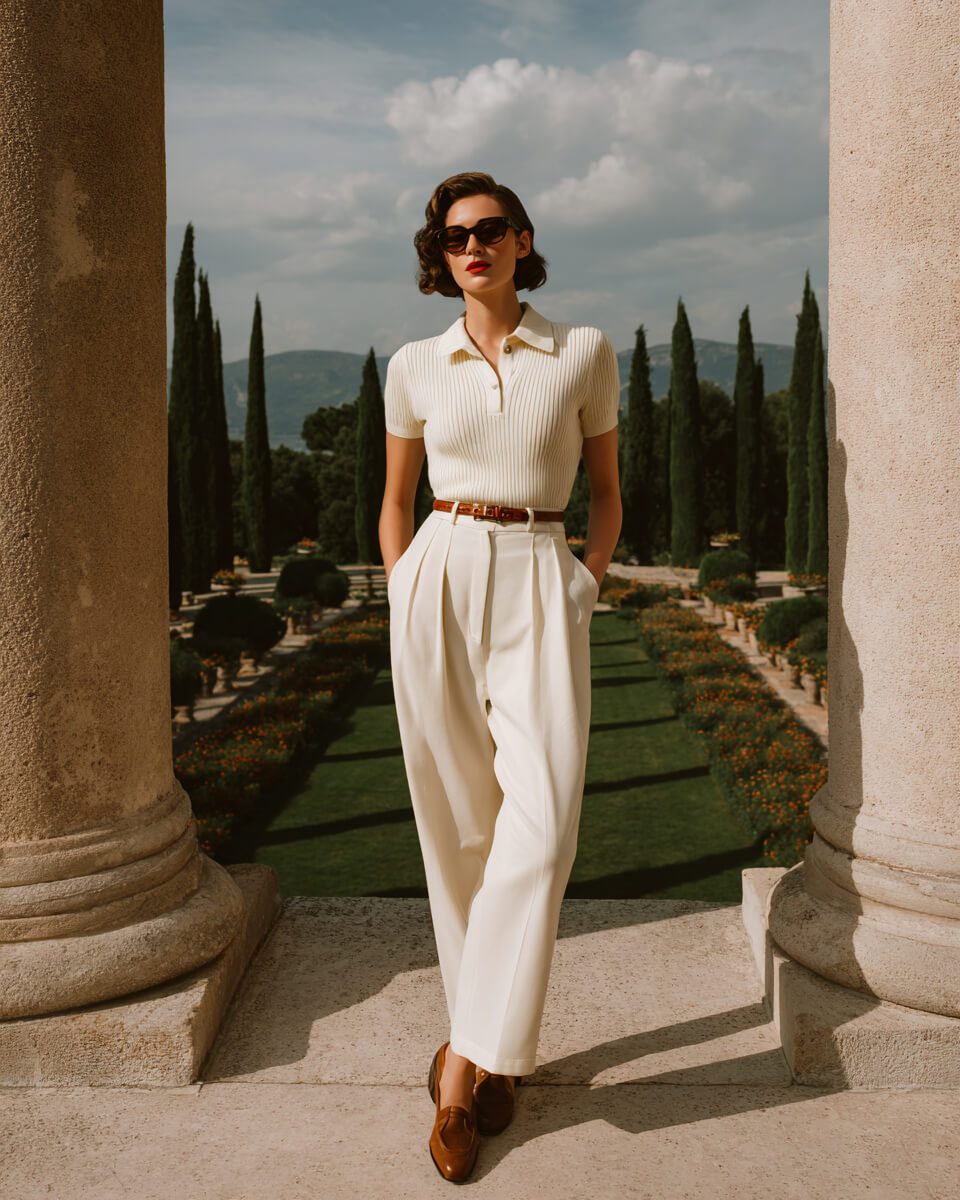 Ivory Knit Polo and Wide-Leg Trousers for Elevated Casual Ivory Knit Polo and Wide-Leg Trousers for Elevated Casual — Old Money Outfits