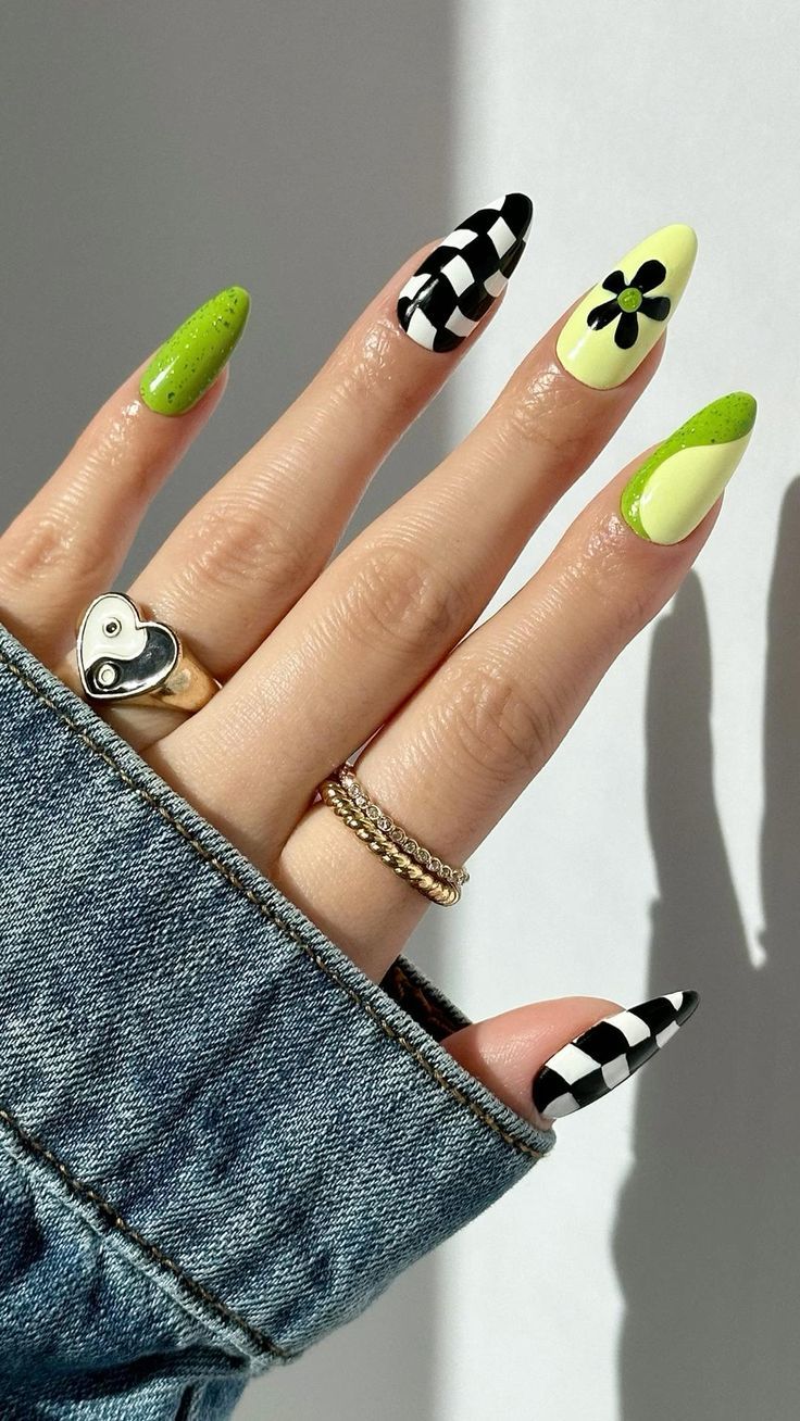 Mixed Motifs Long Almond Nails Mixed Motifs Long Almond Nails — Checkered Nails